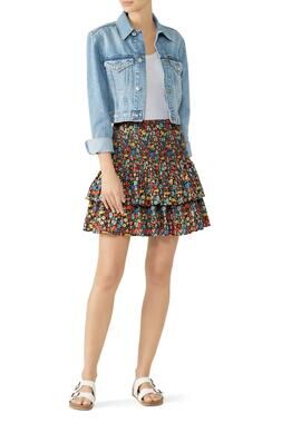 Perseverance London Women's 14 Floral Linen Blend Smocked Tiered Skirt S1-9